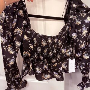 Astr Black Floral Smocked Blouse